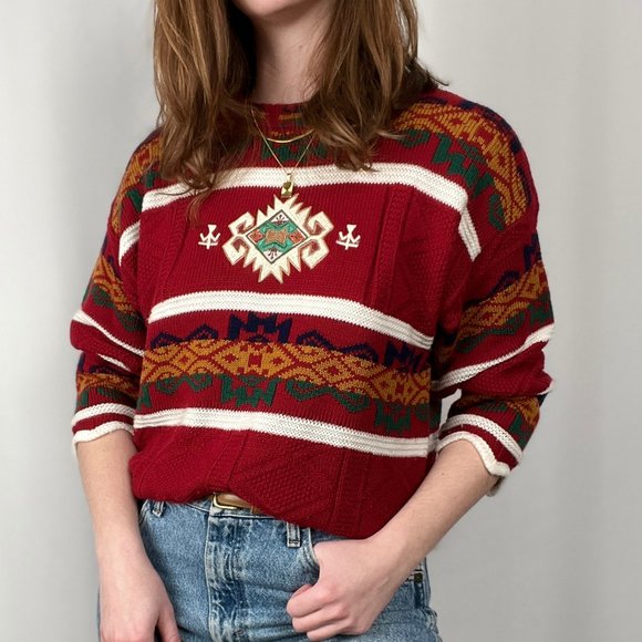 Stunning Vintage Oversized Western Bohemian Aztec Southwestern Boho Knit Sweater - Picture 9 of 9